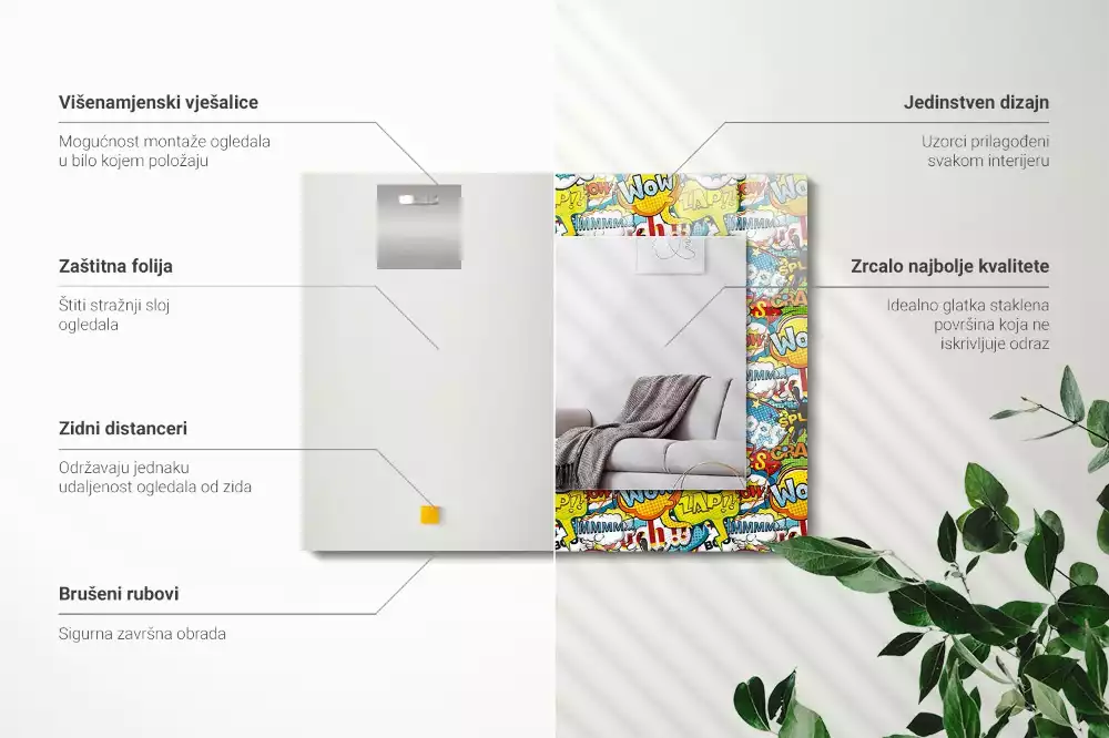 Lustro prostokątne z nadrukiem w kolorowe komiksowe dymki