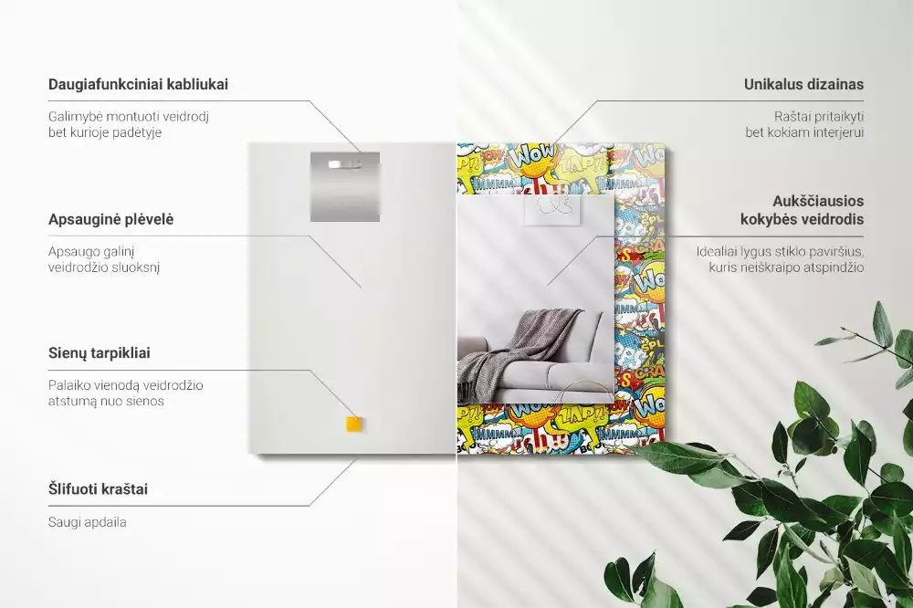 Lustro prostokątne z nadrukiem w kolorowe komiksowe dymki