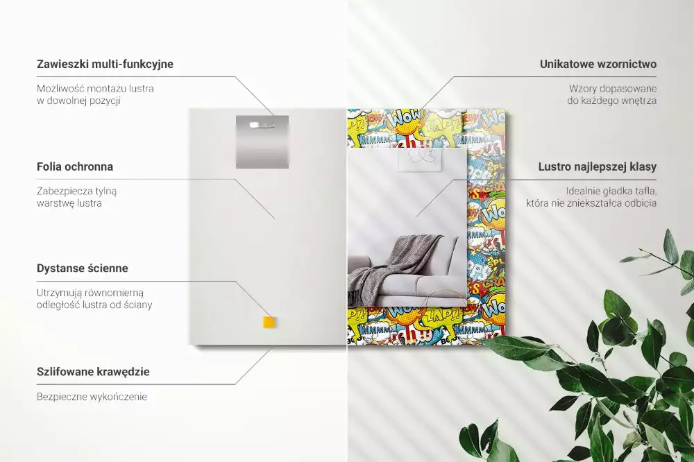Lustro prostokątne z nadrukiem w kolorowe komiksowe dymki