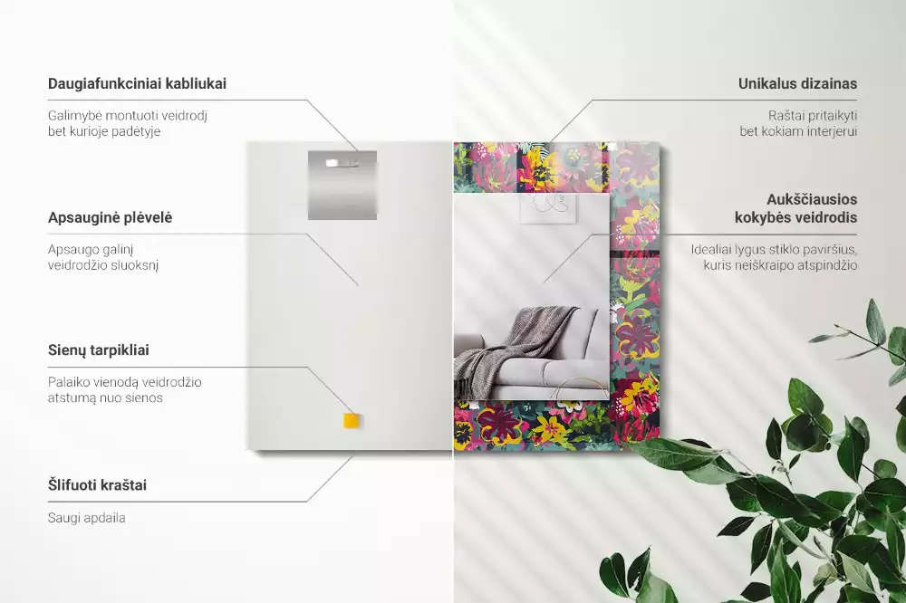 Lustro prostokątne z kolorowym nadrukiem w motywy kwiatowe