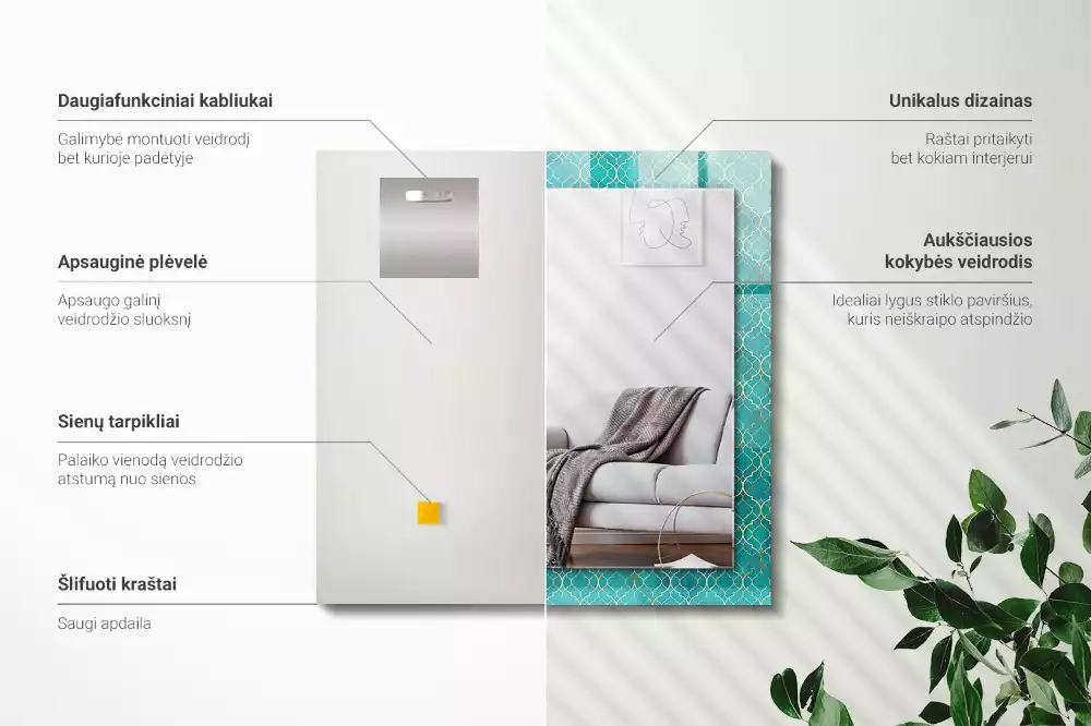 Lustro dekoracyjne prostokątne z zielonym wzorem geometrycznym