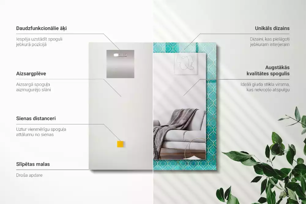 Lustro dekoracyjne prostokątne z zielonym wzorem geometrycznym