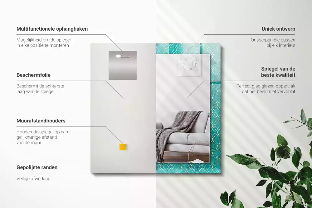 Lustro dekoracyjne prostokątne z zielonym wzorem geometrycznym