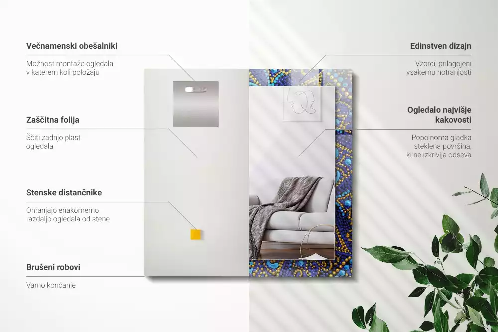 Lustro dekoracyjne prostokątne z motywem niebieskiej mandali w technice kropkowania