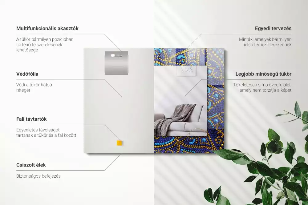 Lustro dekoracyjne prostokątne z motywem niebieskiej mandali w technice kropkowania