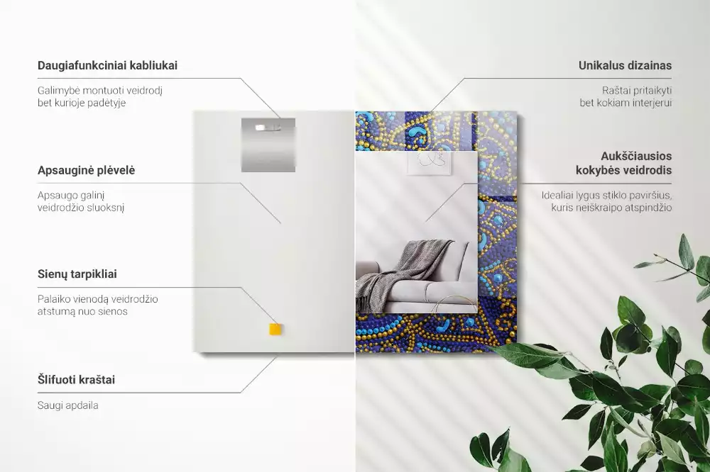 Lustro dekoracyjne prostokątne z motywem niebieskiej mandali w technice kropkowania