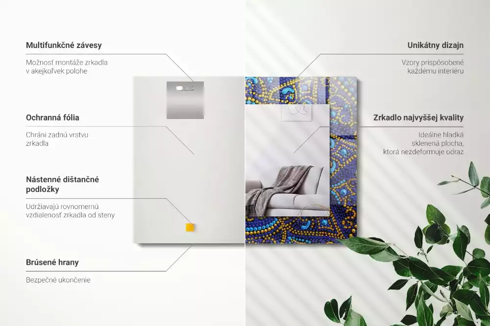 Lustro dekoracyjne prostokątne z motywem niebieskiej mandali w technice kropkowania