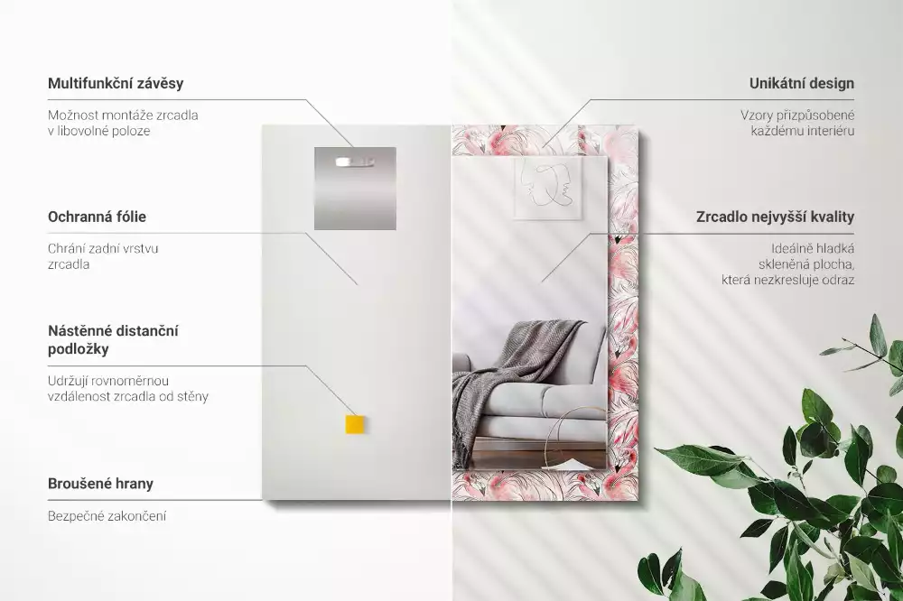 Lustro prostokątne z nadrukiem przedstawiającym różowe flamingi