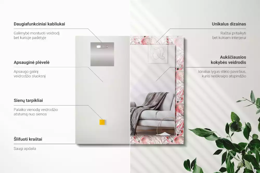 Lustro prostokątne z nadrukiem przedstawiającym różowe flamingi