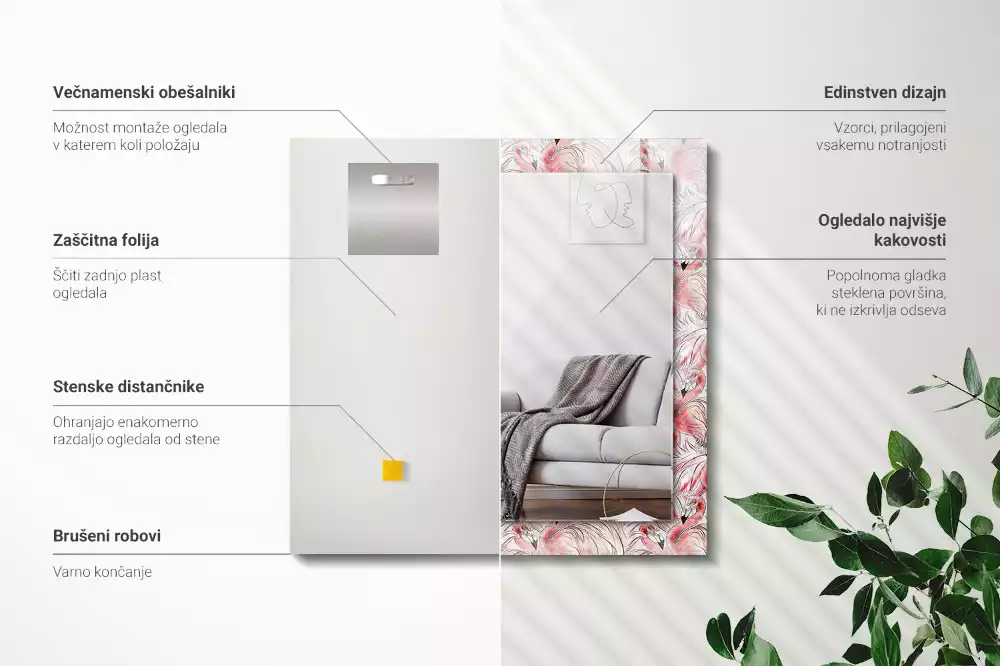 Lustro prostokątne z nadrukiem przedstawiającym różowe flamingi