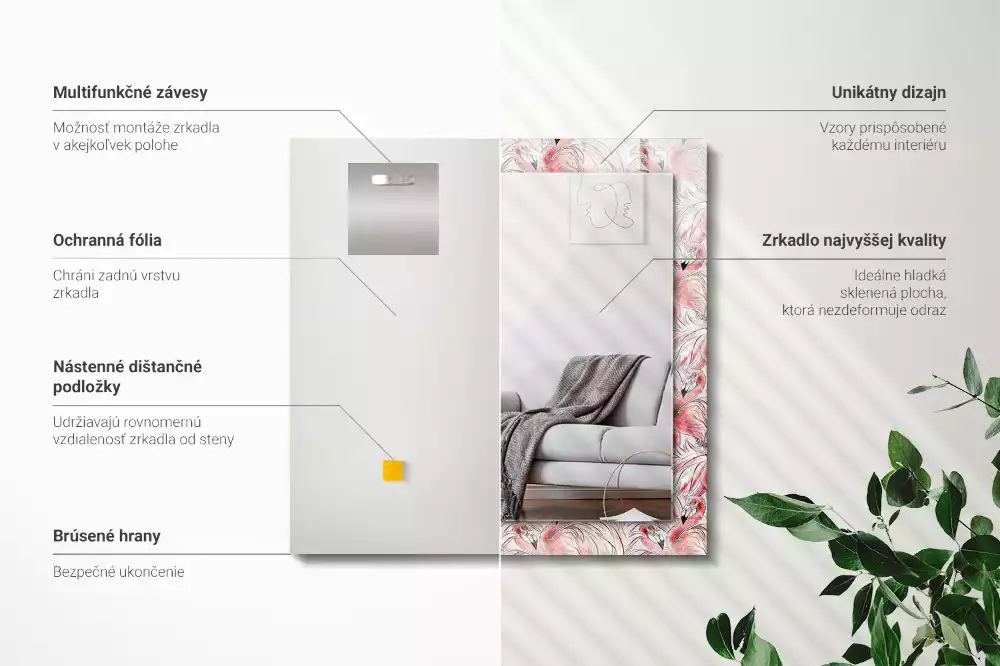 Lustro prostokątne z nadrukiem przedstawiającym różowe flamingi