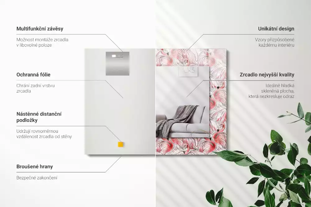 Lustro prostokątne z nadrukiem przedstawiającym różowe flamingi