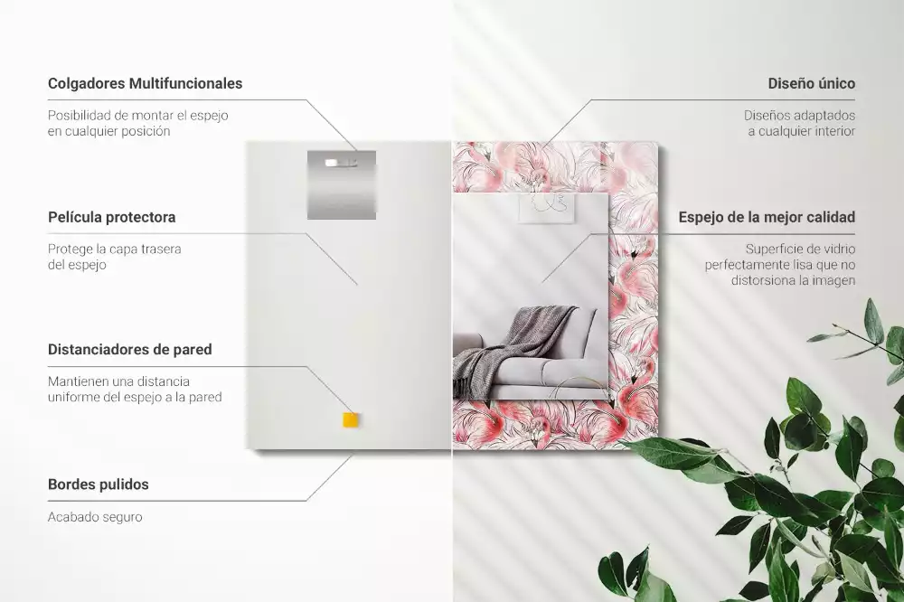 Lustro prostokątne z nadrukiem przedstawiającym różowe flamingi