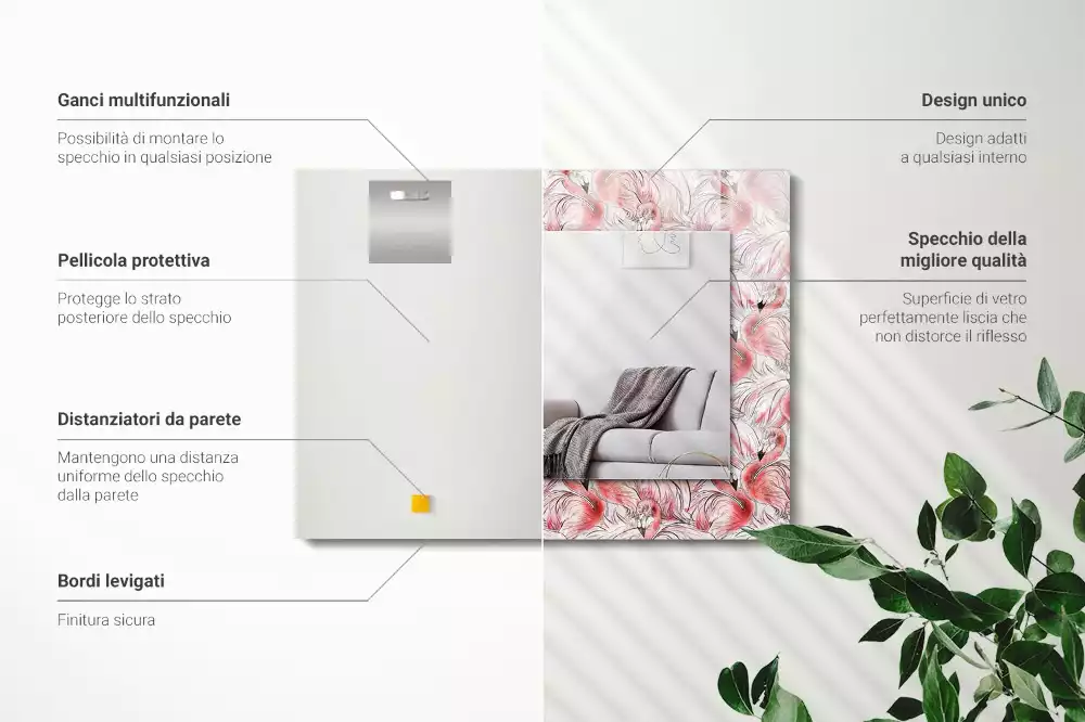 Lustro prostokątne z nadrukiem przedstawiającym różowe flamingi