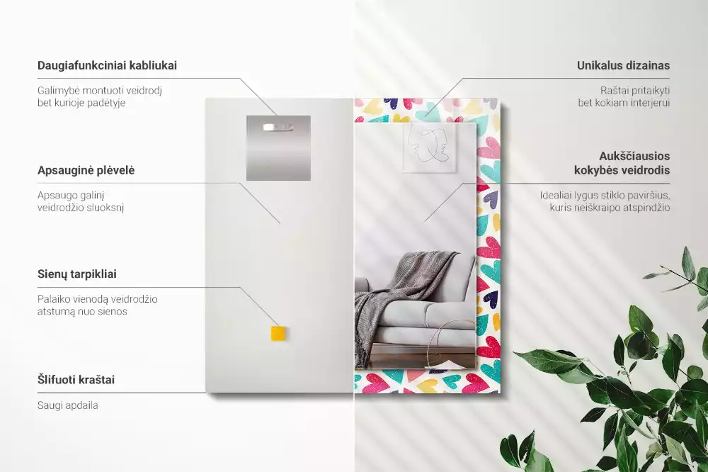 Lustro dekoracyjne prostokątne z motywem kolorowych serc