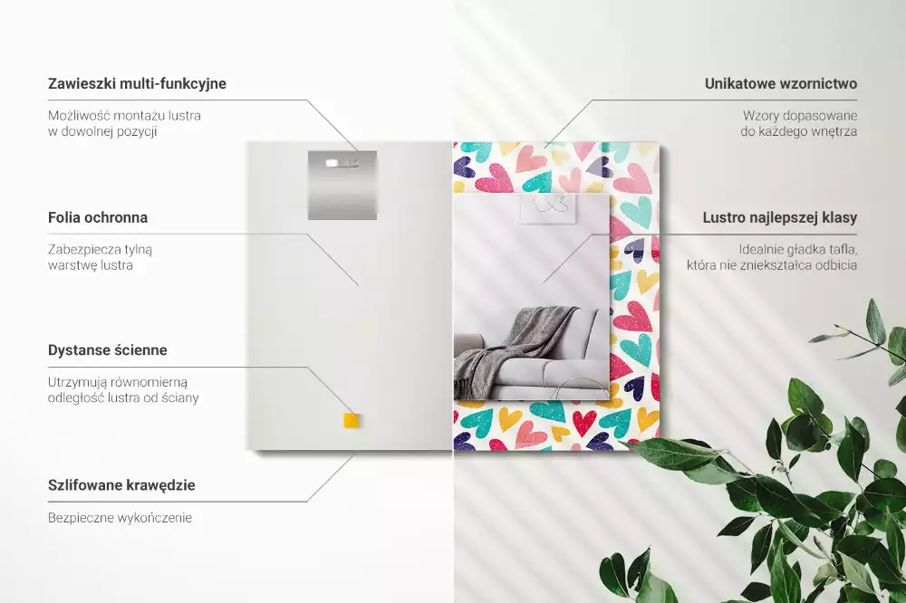 Lustro dekoracyjne prostokątne z motywem kolorowych serc