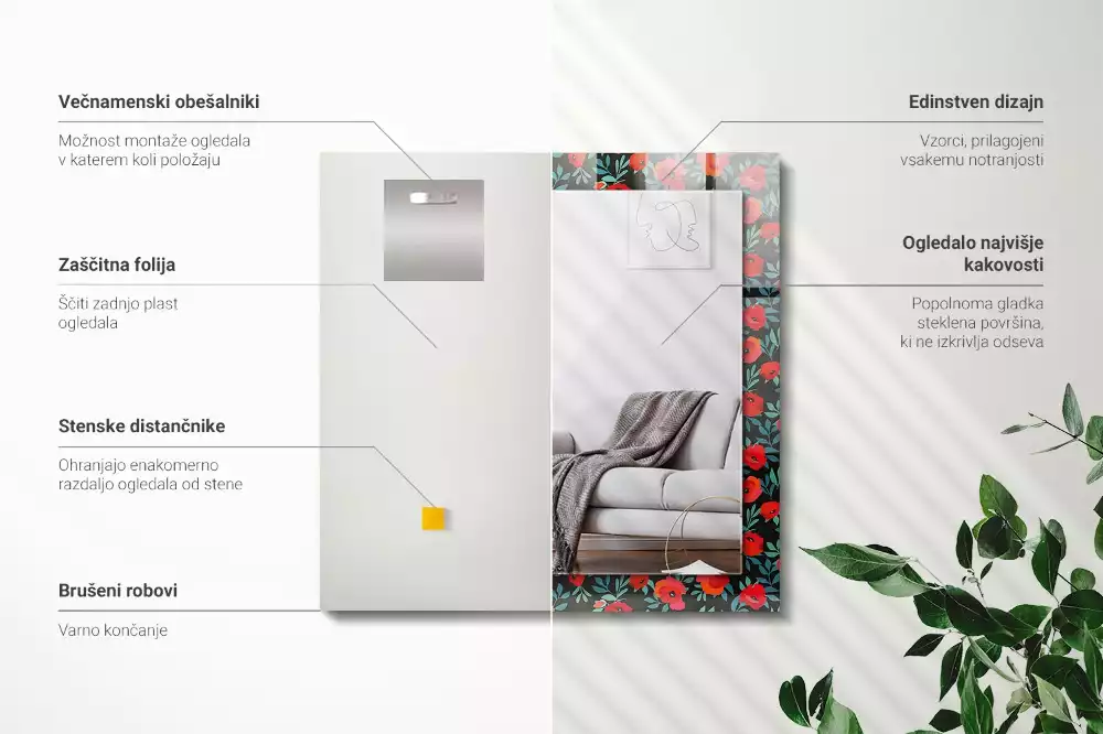 Lustro prostokątne z nadrukiem maków i kwiatów