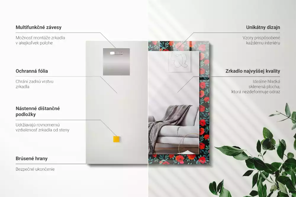 Lustro prostokątne z nadrukiem maków i kwiatów