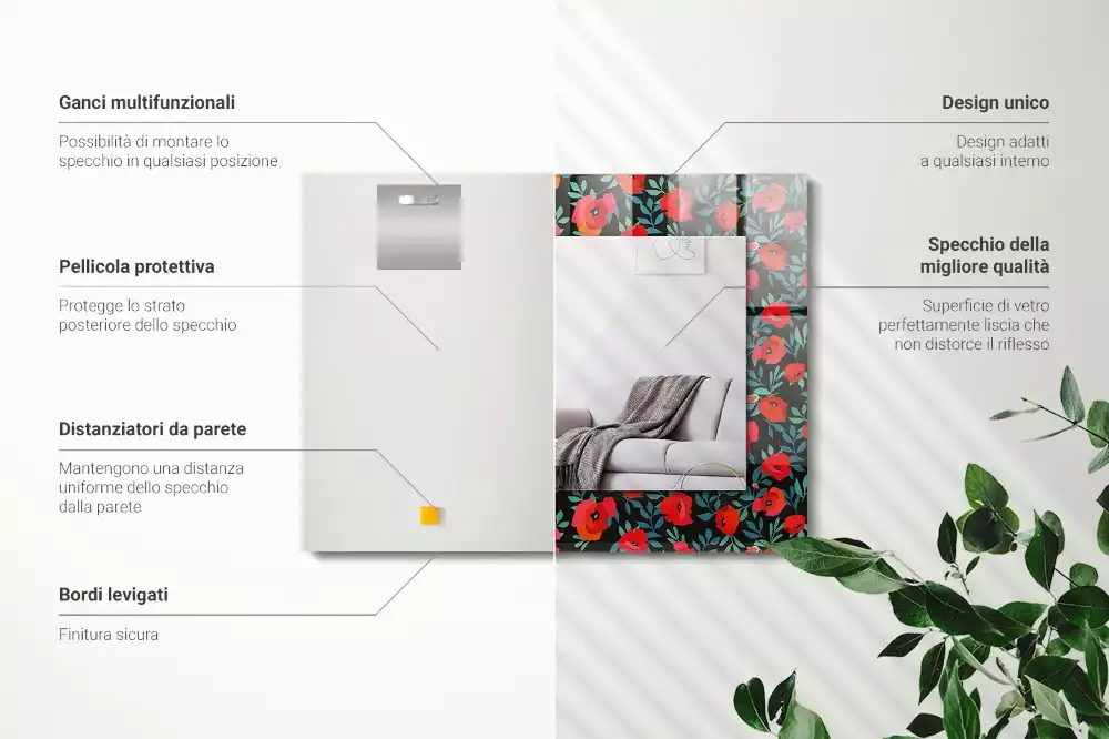 Lustro prostokątne z nadrukiem maków i kwiatów