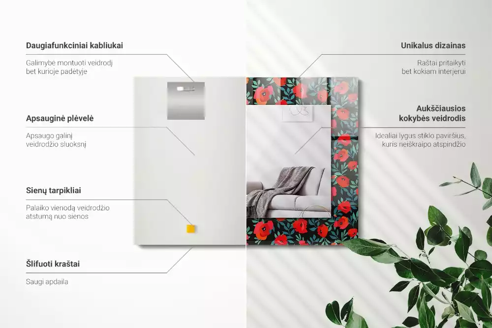 Lustro prostokątne z nadrukiem maków i kwiatów