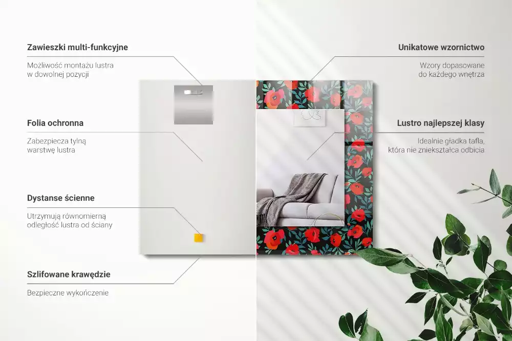 Lustro prostokątne z nadrukiem maków i kwiatów