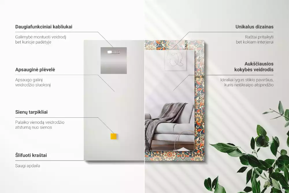 Lustro dekoracyjne prostokątne z motywem kwiatowego wzoru tapety