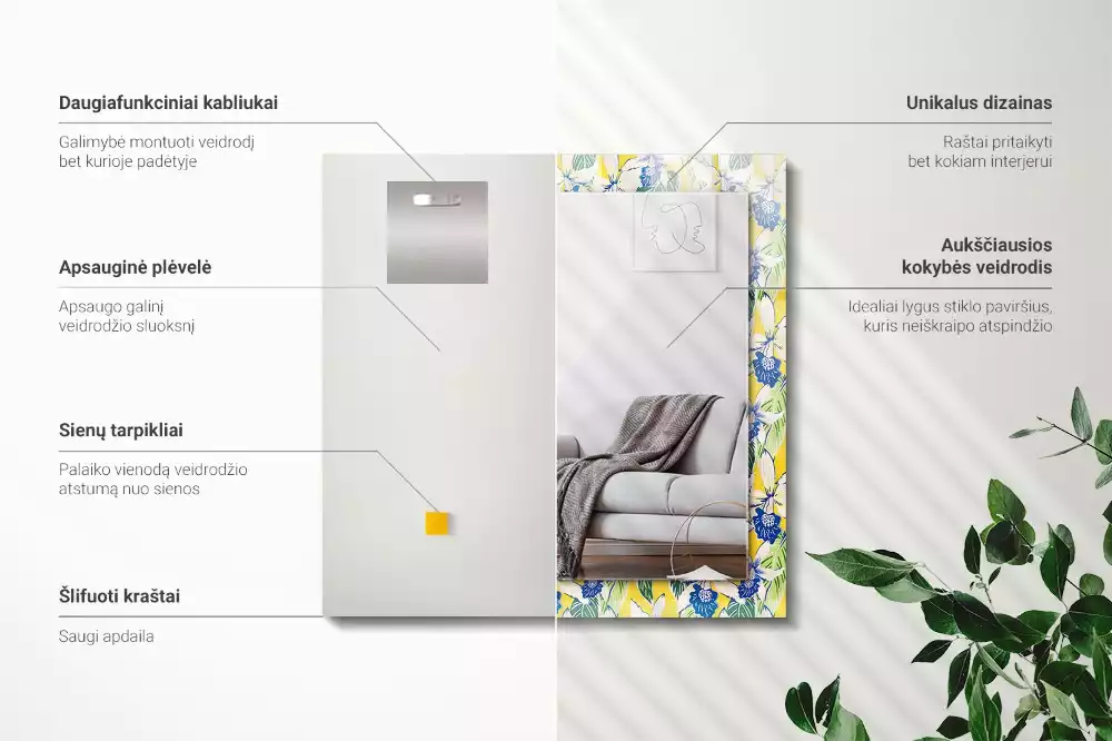 Lustro prostokątne z nadrukiem w motywie kwiatów i liści