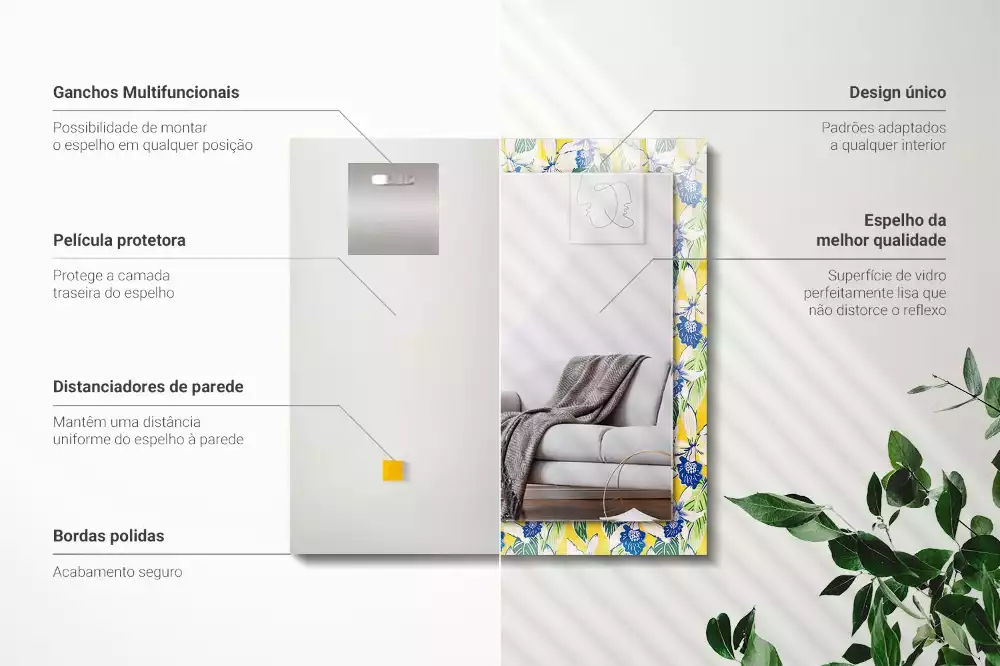 Lustro prostokątne z nadrukiem w motywie kwiatów i liści