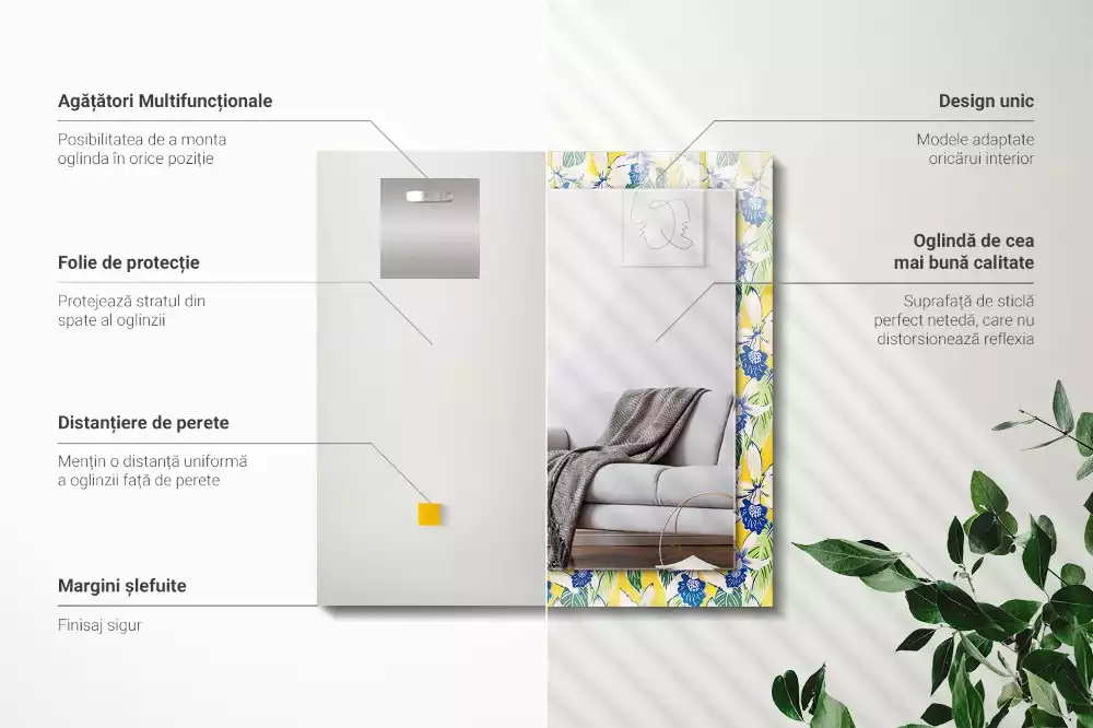 Lustro prostokątne z nadrukiem w motywie kwiatów i liści