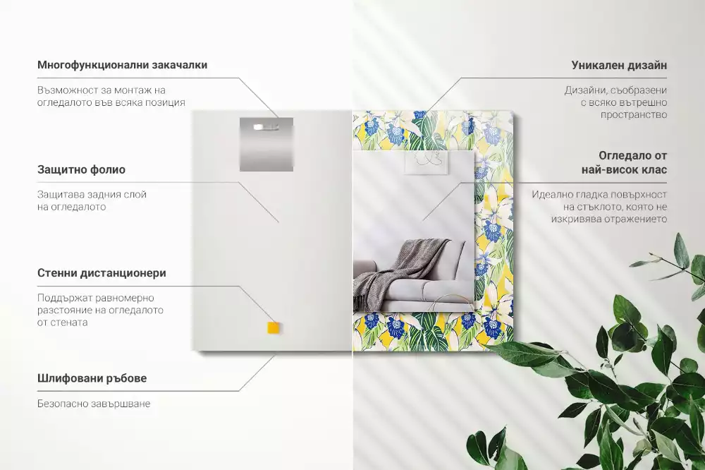 Lustro prostokątne z nadrukiem w motywie kwiatów i liści