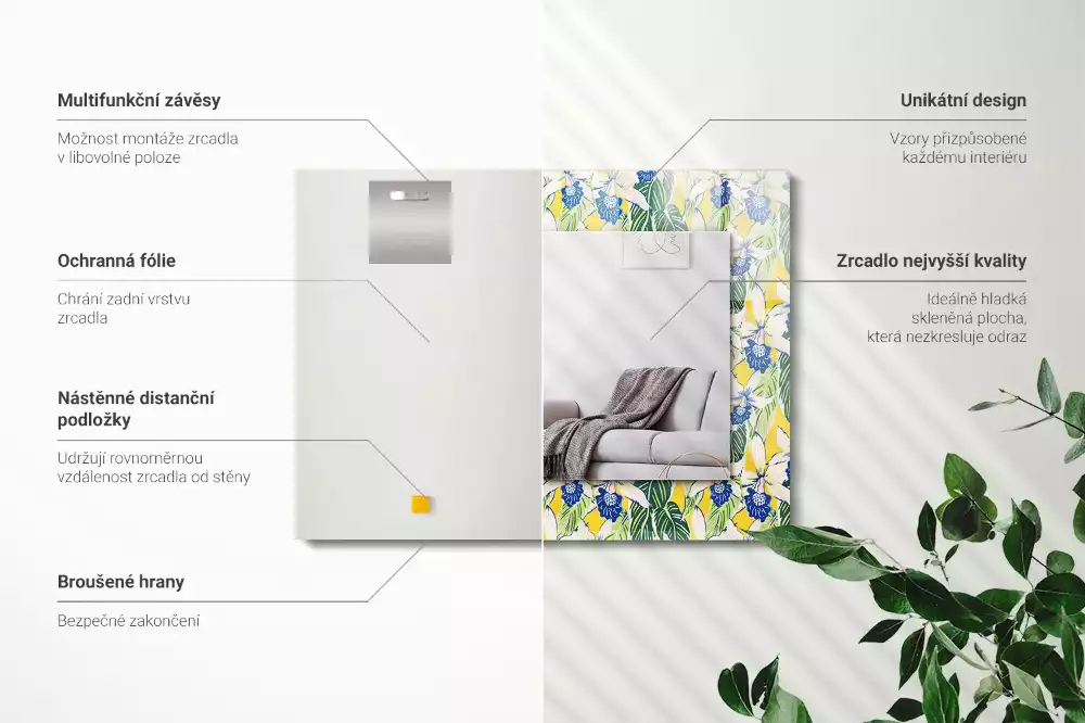 Lustro prostokątne z nadrukiem w motywie kwiatów i liści