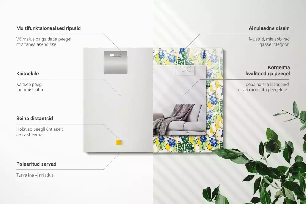 Lustro prostokątne z nadrukiem w motywie kwiatów i liści