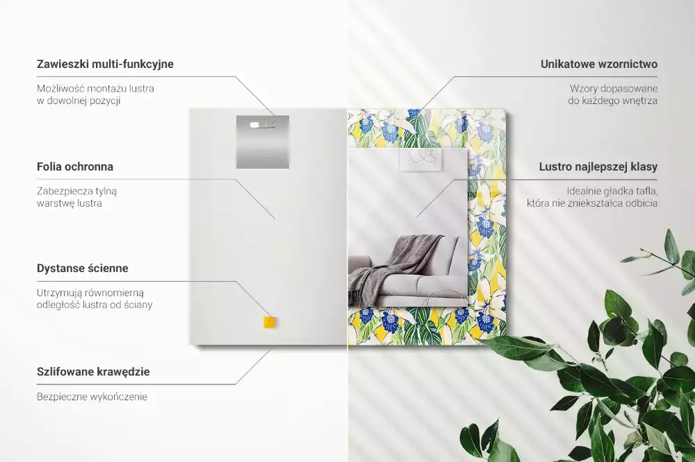 Lustro prostokątne z nadrukiem w motywie kwiatów i liści