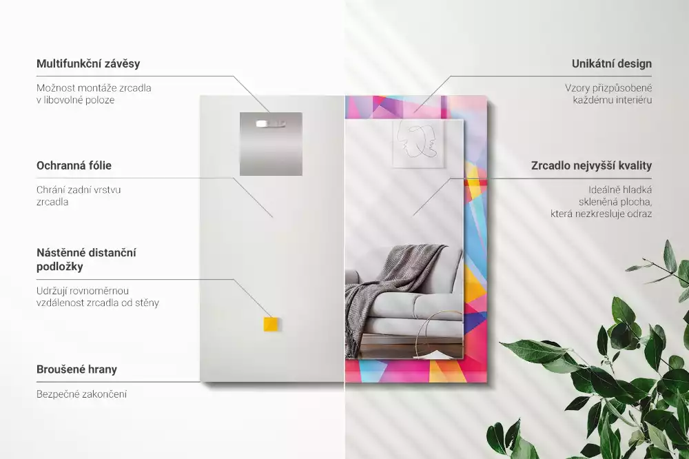Lustro dekoracyjne z nadrukiem w kolorowe geometryczne wzory o prostokątnym kształcie