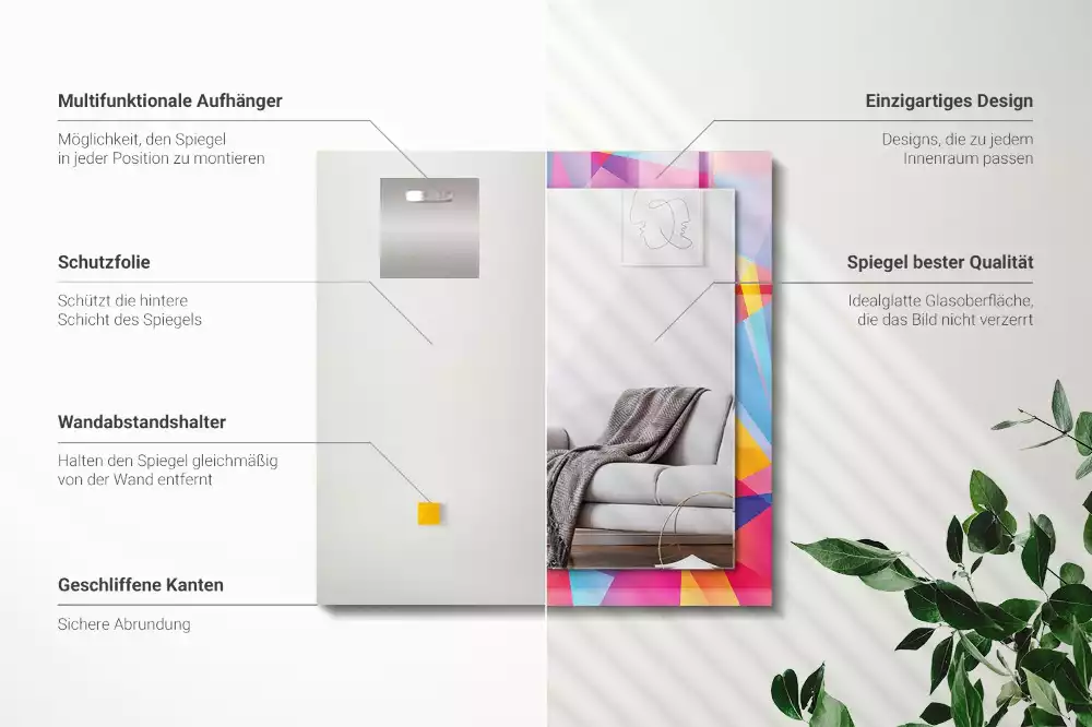 Lustro dekoracyjne z nadrukiem w kolorowe geometryczne wzory o prostokątnym kształcie