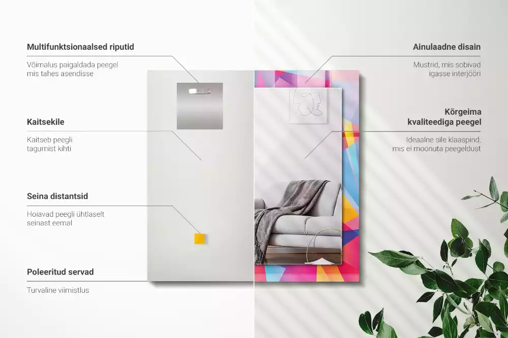 Lustro dekoracyjne z nadrukiem w kolorowe geometryczne wzory o prostokątnym kształcie