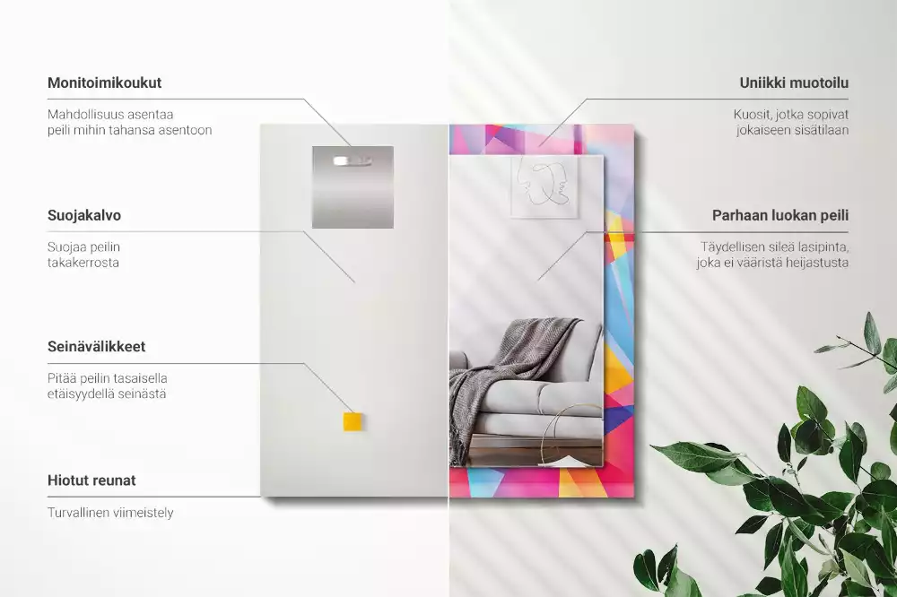 Lustro dekoracyjne z nadrukiem w kolorowe geometryczne wzory o prostokątnym kształcie