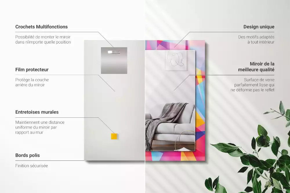 Lustro dekoracyjne z nadrukiem w kolorowe geometryczne wzory o prostokątnym kształcie