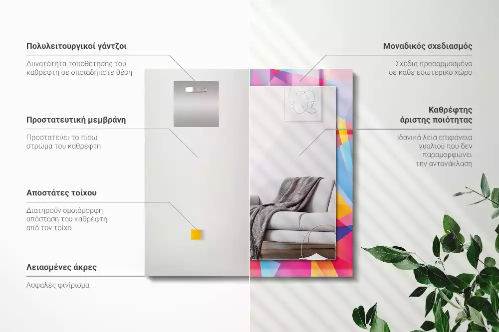 Lustro dekoracyjne z nadrukiem w kolorowe geometryczne wzory o prostokątnym kształcie