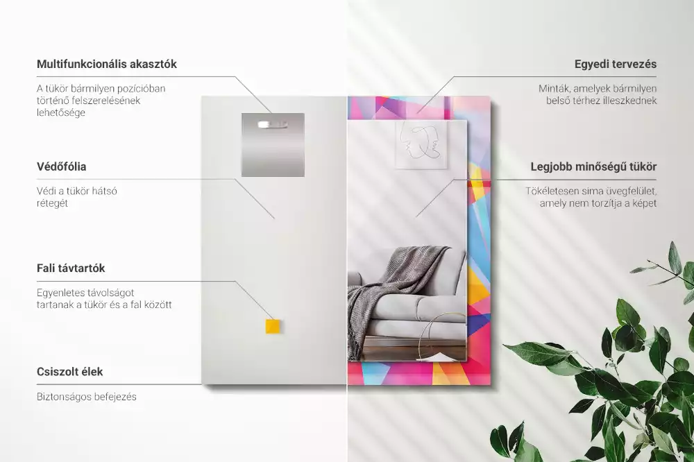 Lustro dekoracyjne z nadrukiem w kolorowe geometryczne wzory o prostokątnym kształcie