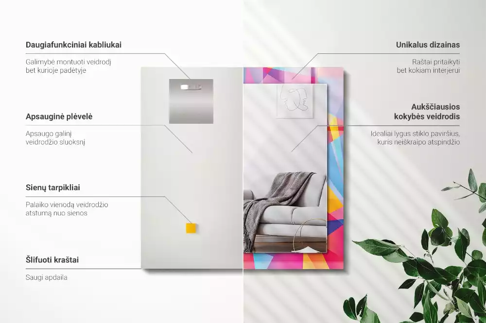 Lustro dekoracyjne z nadrukiem w kolorowe geometryczne wzory o prostokątnym kształcie