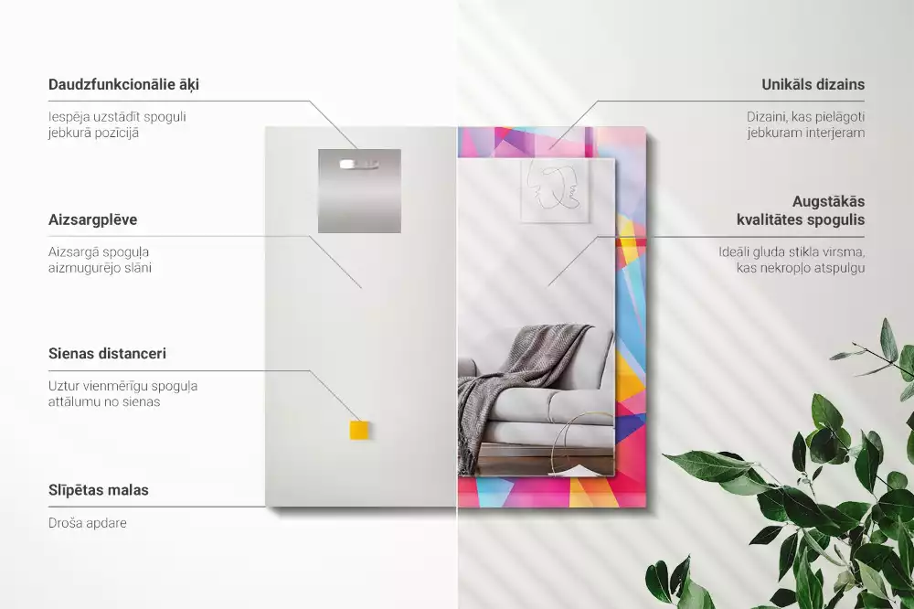 Lustro dekoracyjne z nadrukiem w kolorowe geometryczne wzory o prostokątnym kształcie