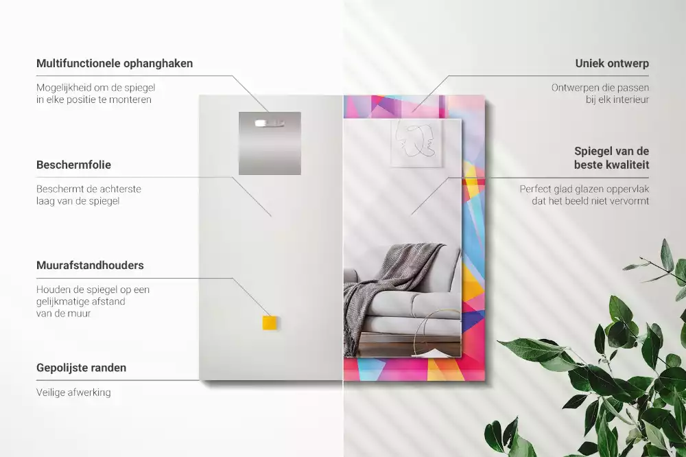 Lustro dekoracyjne z nadrukiem w kolorowe geometryczne wzory o prostokątnym kształcie