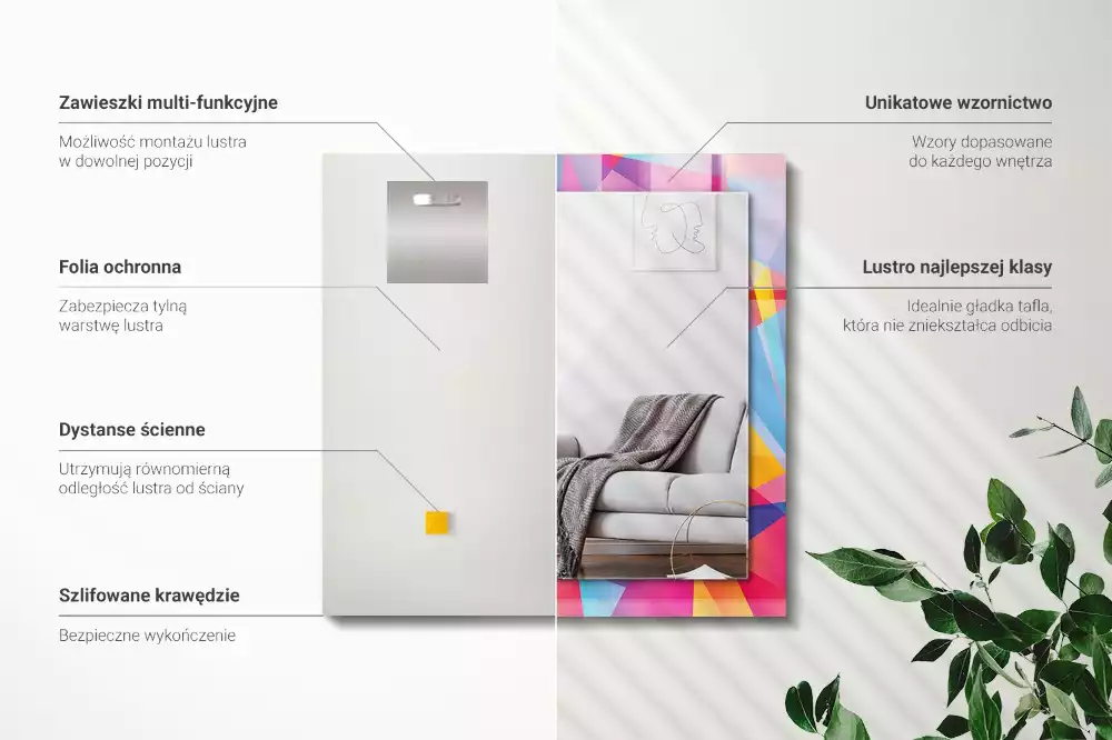 Lustro dekoracyjne z nadrukiem w kolorowe geometryczne wzory o prostokątnym kształcie