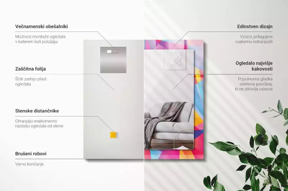 Lustro dekoracyjne z nadrukiem w kolorowe geometryczne wzory o prostokątnym kształcie