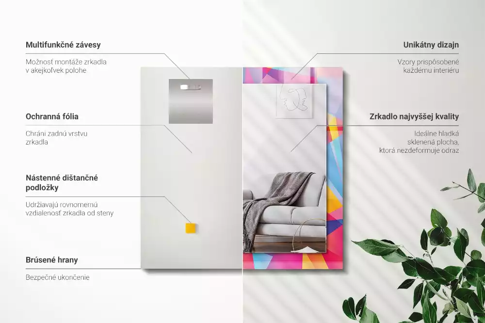 Lustro dekoracyjne z nadrukiem w kolorowe geometryczne wzory o prostokątnym kształcie