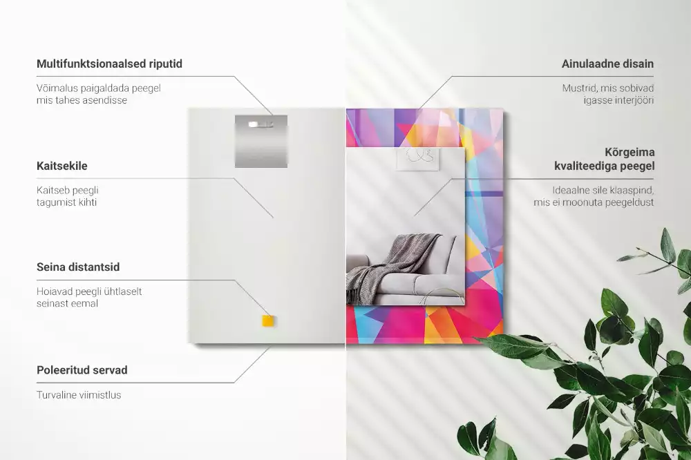 Lustro dekoracyjne z nadrukiem w kolorowe geometryczne wzory o prostokątnym kształcie