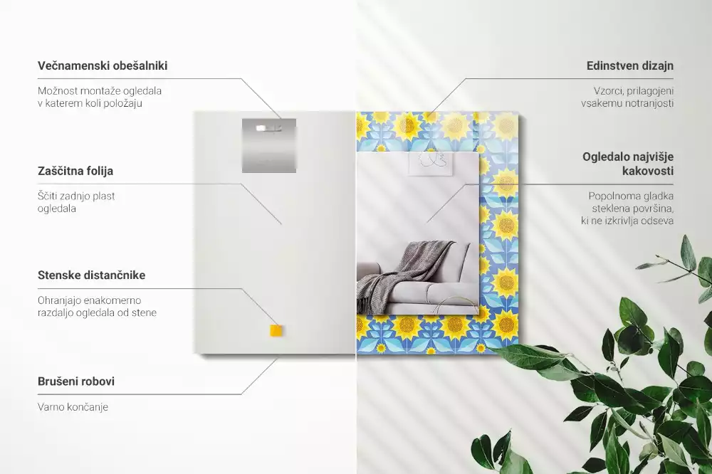 Lustro prostokątne z nadrukiem w motywie słoneczników i liści