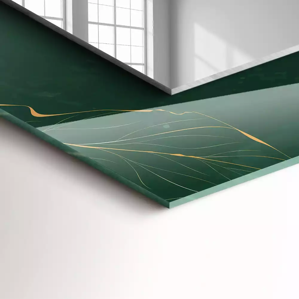 Lustro dekoracyjne prostokątne z nadrukiem zielonych liści i złotymi akcentami