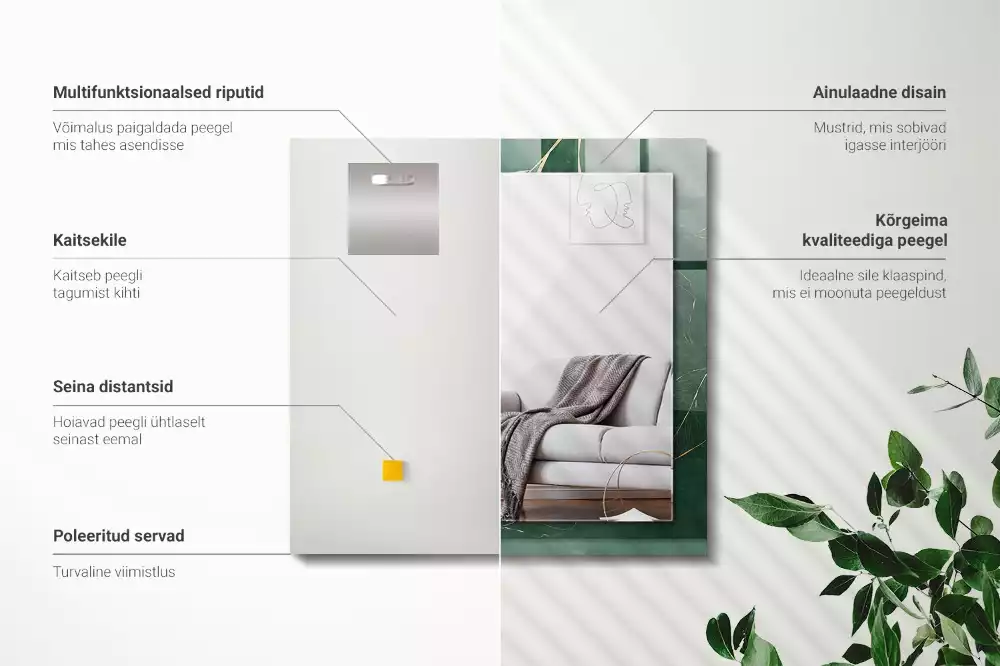 Lustro dekoracyjne prostokątne z nadrukiem zielonych liści i złotymi akcentami